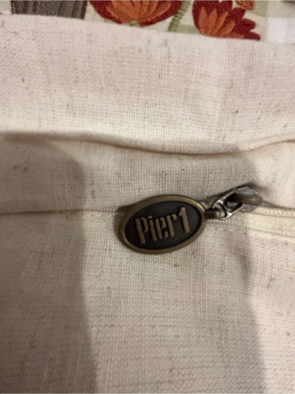 Pier 1 Cream Canvas Tote with Brass Logo Zipper Pull